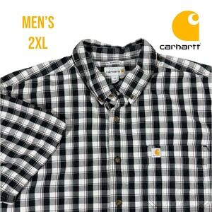 Carhartt Men's 2XL Plaid Button Up Shirt Black‎ White Short Sleeve Relaxed Fit
